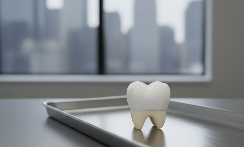 A photorealistic, ultra-detailed close-up of a pristine, white dental crown resting on a sterile, silver dental instrument. The background is a heavily blurred modern dental clinic interior, with an even more blurred, generic Canadian city skyline visible through a window in the far distance. No text is visible.