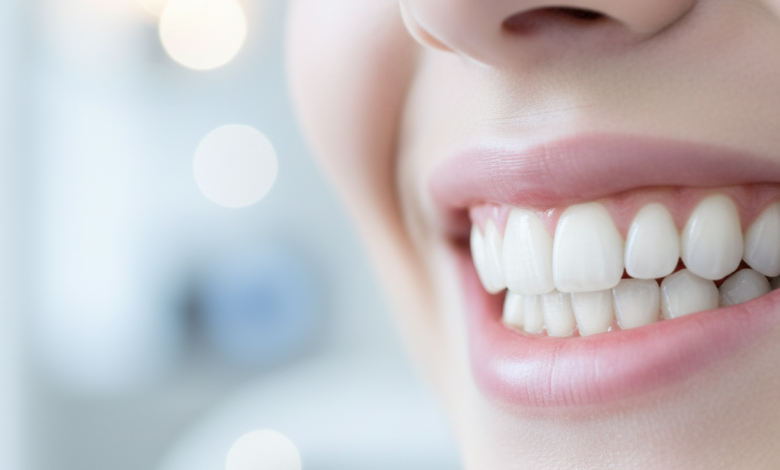 Close-up of a perfectly aligned, bright, white, and healthy human smile with natural looking teeth, against a softly blurred, clean, modern background.