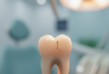 A highly detailed, photorealistic close-up of a molar tooth with a clear crack visible on its chewing surface, gently illuminated by a focused light in a sterile, blurred dental clinic background.