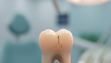 A highly detailed, photorealistic close-up of a molar tooth with a clear crack visible on its chewing surface, gently illuminated by a focused light in a sterile, blurred dental clinic background.