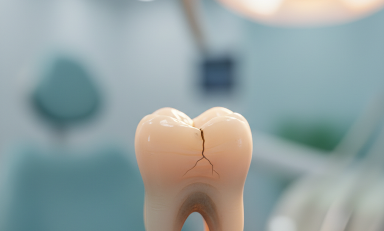 A highly detailed, photorealistic close-up of a molar tooth with a clear crack visible on its chewing surface, gently illuminated by a focused light in a sterile, blurred dental clinic background.