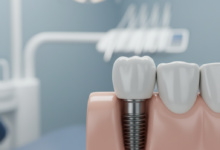 Close-up, photorealistic image of a perfectly integrated dental implant with a natural-looking ceramic crown emerging from healthy, pink gum tissue. The focus is sharp on the tooth and gum line, with a blurred, sterile, and modern dental office background. The image conveys strength, durability, and advanced dental technology.