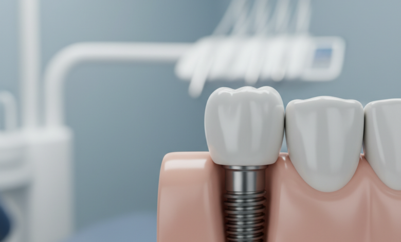 Close-up, photorealistic image of a perfectly integrated dental implant with a natural-looking ceramic crown emerging from healthy, pink gum tissue. The focus is sharp on the tooth and gum line, with a blurred, sterile, and modern dental office background. The image conveys strength, durability, and advanced dental technology.