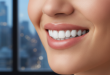 A close-up, photorealistic image of a person's mouth, showcasing a wide, confident, and radiant smile with perfectly white, healthy teeth. The background is a soft, out-of-focus blur of a modern city scene, implying a premium urban setting in Canada. The lighting is warm and highlights the flawless dental aesthetics.