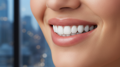 A close-up, photorealistic image of a person's mouth, showcasing a wide, confident, and radiant smile with perfectly white, healthy teeth. The background is a soft, out-of-focus blur of a modern city scene, implying a premium urban setting in Canada. The lighting is warm and highlights the flawless dental aesthetics.