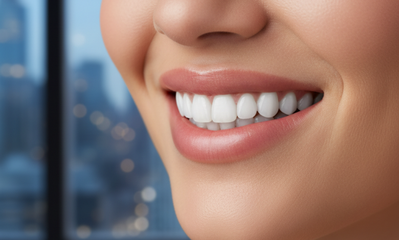 A close-up, photorealistic image of a person's mouth, showcasing a wide, confident, and radiant smile with perfectly white, healthy teeth. The background is a soft, out-of-focus blur of a modern city scene, implying a premium urban setting in Canada. The lighting is warm and highlights the flawless dental aesthetics.