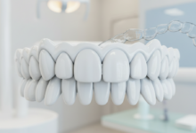 Close-up of a set of perfectly aligned, bright white teeth with a translucent clear aligner softly blurred in the background, in a clean, well-lit dental setting.