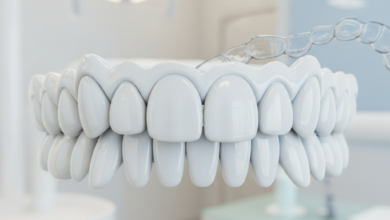 Close-up of a set of perfectly aligned, bright white teeth with a translucent clear aligner softly blurred in the background, in a clean, well-lit dental setting.