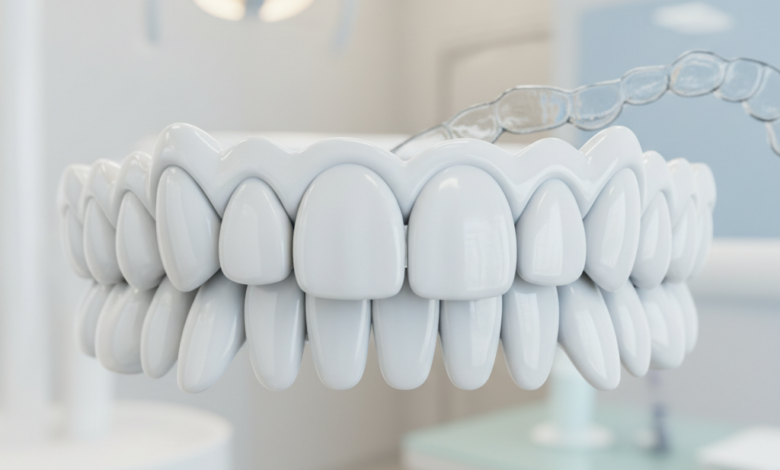 Close-up of a set of perfectly aligned, bright white teeth with a translucent clear aligner softly blurred in the background, in a clean, well-lit dental setting.
