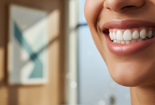 Close-up of a person smiling confidently, revealing straight, perfectly aligned teeth, with clear dental aligners subtly visible. The background is a blurred, modern dental office, emphasizing a professional and clean environment relevant to dental care costs.