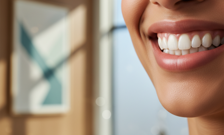 Close-up of a person smiling confidently, revealing straight, perfectly aligned teeth, with clear dental aligners subtly visible. The background is a blurred, modern dental office, emphasizing a professional and clean environment relevant to dental care costs.