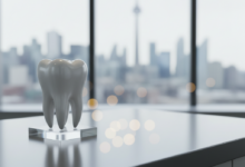 A stylized, clean 3D model of a human tooth on a modern, minimalist desk in a dental office. In the background, through a large window, a blurred Canadian city skyline is visible under bright, clean lighting. The image emphasizes dental health and the Canadian context without any text.