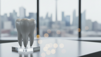 A stylized, clean 3D model of a human tooth on a modern, minimalist desk in a dental office. In the background, through a large window, a blurred Canadian city skyline is visible under bright, clean lighting. The image emphasizes dental health and the Canadian context without any text.