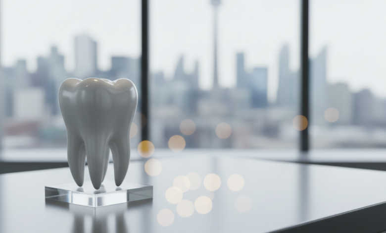 A stylized, clean 3D model of a human tooth on a modern, minimalist desk in a dental office. In the background, through a large window, a blurred Canadian city skyline is visible under bright, clean lighting. The image emphasizes dental health and the Canadian context without any text.