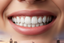 A close-up, photorealistic image of a person's mouth showcasing a natural, bright, and healthy white smile. The teeth are sparkling. In the blurred background, the soft lights of a modern Canadian city skyline at dusk are visible. There is absolutely no visible text in the image.