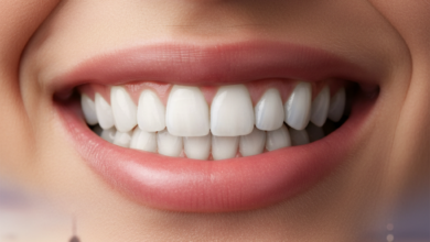 A close-up, photorealistic image of a person's mouth showcasing a natural, bright, and healthy white smile. The teeth are sparkling. In the blurred background, the soft lights of a modern Canadian city skyline at dusk are visible. There is absolutely no visible text in the image.