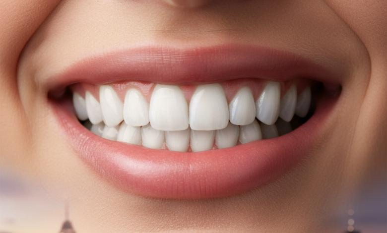 A close-up, photorealistic image of a person's mouth showcasing a natural, bright, and healthy white smile. The teeth are sparkling. In the blurred background, the soft lights of a modern Canadian city skyline at dusk are visible. There is absolutely no visible text in the image.