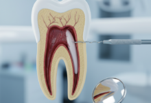 A photorealistic, ultra-detailed close-up of a human molar tooth. The tooth's internal structure, including the root canals, is conceptually highlighted with subtle illumination. Precision dental instruments, like an endodontic file, are meticulously placed near the tooth, signifying a treatment procedure. The background is a highly blurred, sterile dental clinic environment with soft, cool lighting. There is no visible text.