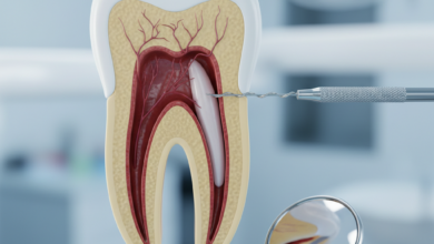 A photorealistic, ultra-detailed close-up of a human molar tooth. The tooth's internal structure, including the root canals, is conceptually highlighted with subtle illumination. Precision dental instruments, like an endodontic file, are meticulously placed near the tooth, signifying a treatment procedure. The background is a highly blurred, sterile dental clinic environment with soft, cool lighting. There is no visible text.