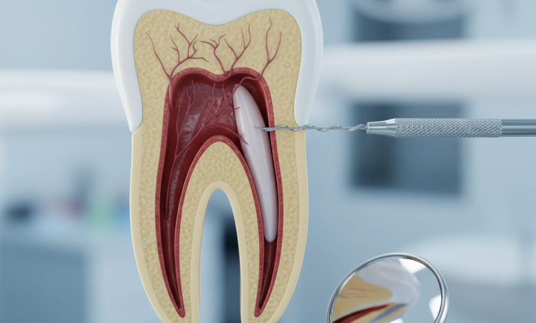 A photorealistic, ultra-detailed close-up of a human molar tooth. The tooth's internal structure, including the root canals, is conceptually highlighted with subtle illumination. Precision dental instruments, like an endodontic file, are meticulously placed near the tooth, signifying a treatment procedure. The background is a highly blurred, sterile dental clinic environment with soft, cool lighting. There is no visible text.