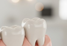 A close-up, photorealistic image of a healthy, natural-looking molar tooth, gently illuminated to signify successful healing after a dental implant. The background is soft, blurred, and clean, conveying a sense of medical precision and wellness.