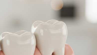 A close-up, photorealistic image of a healthy, natural-looking molar tooth, gently illuminated to signify successful healing after a dental implant. The background is soft, blurred, and clean, conveying a sense of medical precision and wellness.