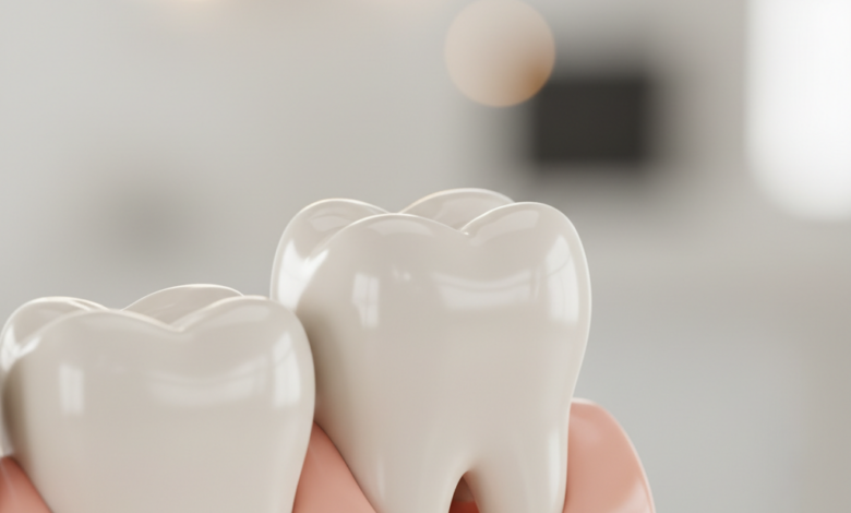 A close-up, photorealistic image of a healthy, natural-looking molar tooth, gently illuminated to signify successful healing after a dental implant. The background is soft, blurred, and clean, conveying a sense of medical precision and wellness.
