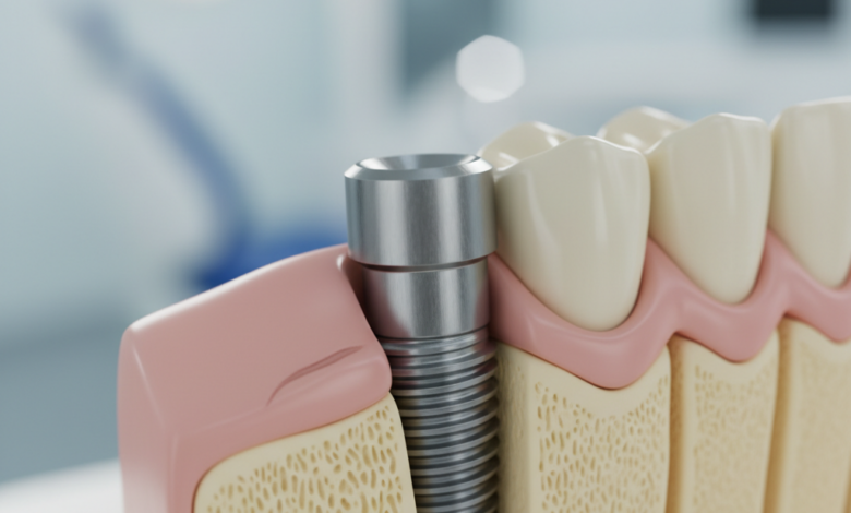 A photorealistic close-up of a titanium dental implant post partially embedded within stylized jawbone and surrounded by healthy gum tissue, representing the dental implant procedure in a clean, modern setting.