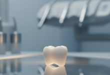 Close-up, photorealistic image of a perfect, translucent porcelain dental crown, appearing pristine and subtly glowing, against a softly blurred background of a modern dental laboratory. The focus is sharp on the crown, illustrating its detailed craftsmanship.
