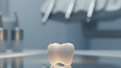 Close-up, photorealistic image of a perfect, translucent porcelain dental crown, appearing pristine and subtly glowing, against a softly blurred background of a modern dental laboratory. The focus is sharp on the crown, illustrating its detailed craftsmanship.