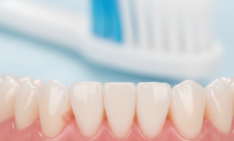 Close-up photorealistic image of healthy pink gums and white teeth, with a blurred soft-bristled toothbrush head in the background, symbolizing oral hygiene and gum disease prevention.