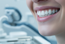 Close-up of a person's mouth displaying a wide, confident smile with exceptionally bright, white, and perfectly aligned teeth. The background is a soft, out-of-focus view of a clean, modern dental clinic.