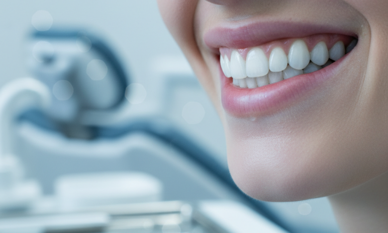 Close-up of a person's mouth displaying a wide, confident smile with exceptionally bright, white, and perfectly aligned teeth. The background is a soft, out-of-focus view of a clean, modern dental clinic.