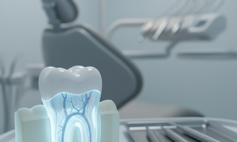 A close-up, highly detailed, and photorealistic image of a translucent anatomical model of a wisdom tooth within a conceptual jaw. The background shows a blurred modern dental clinic with sterile equipment, under soft, clinical lighting. The image evokes professionalism and clarity related to dental procedures.