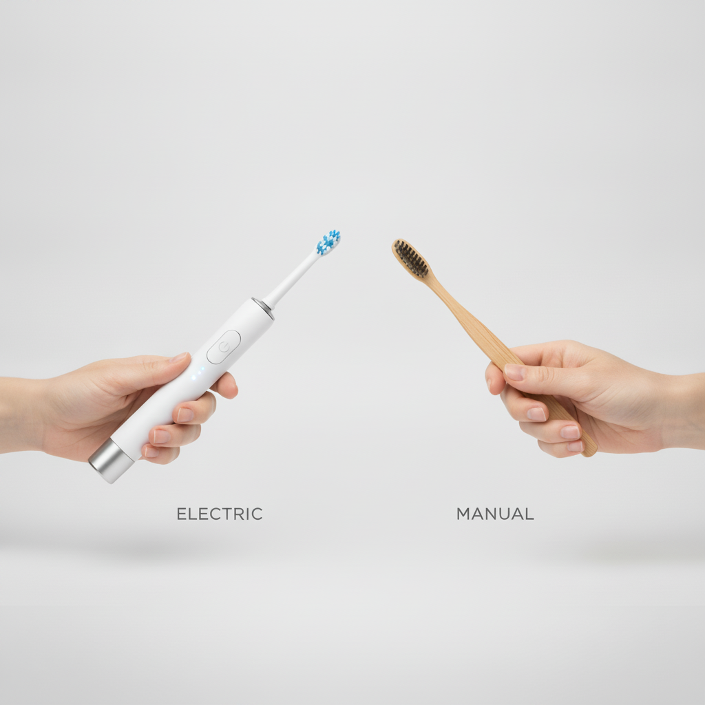 Electric Toothbrush vs Manual Toothbrush: Hands comparing modern electric and traditional manual toothbrushes for dental care.