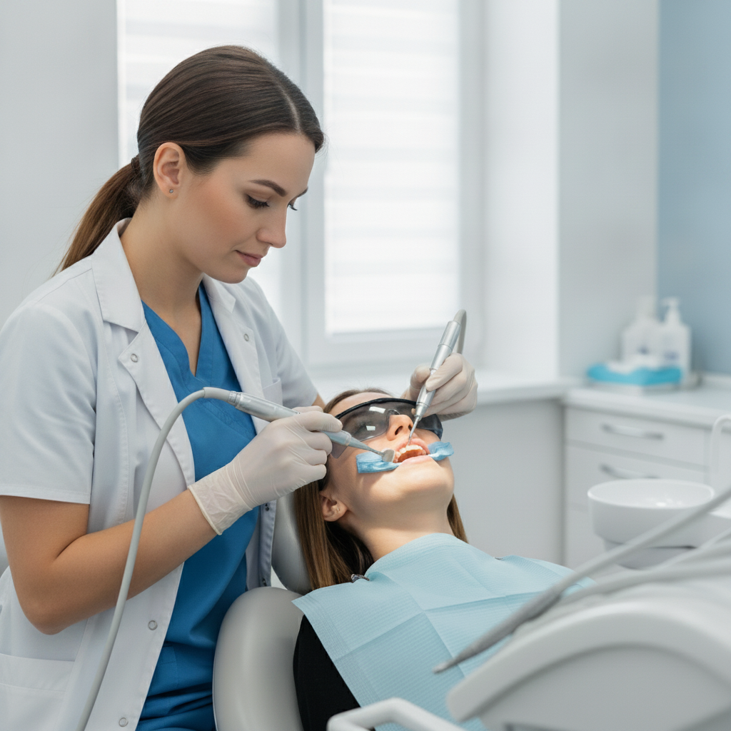 Hygienist performing professional teeth cleaning Regular Dental Checkups include professional cleaning, where hygienists meticulously remove plaque and tartar.