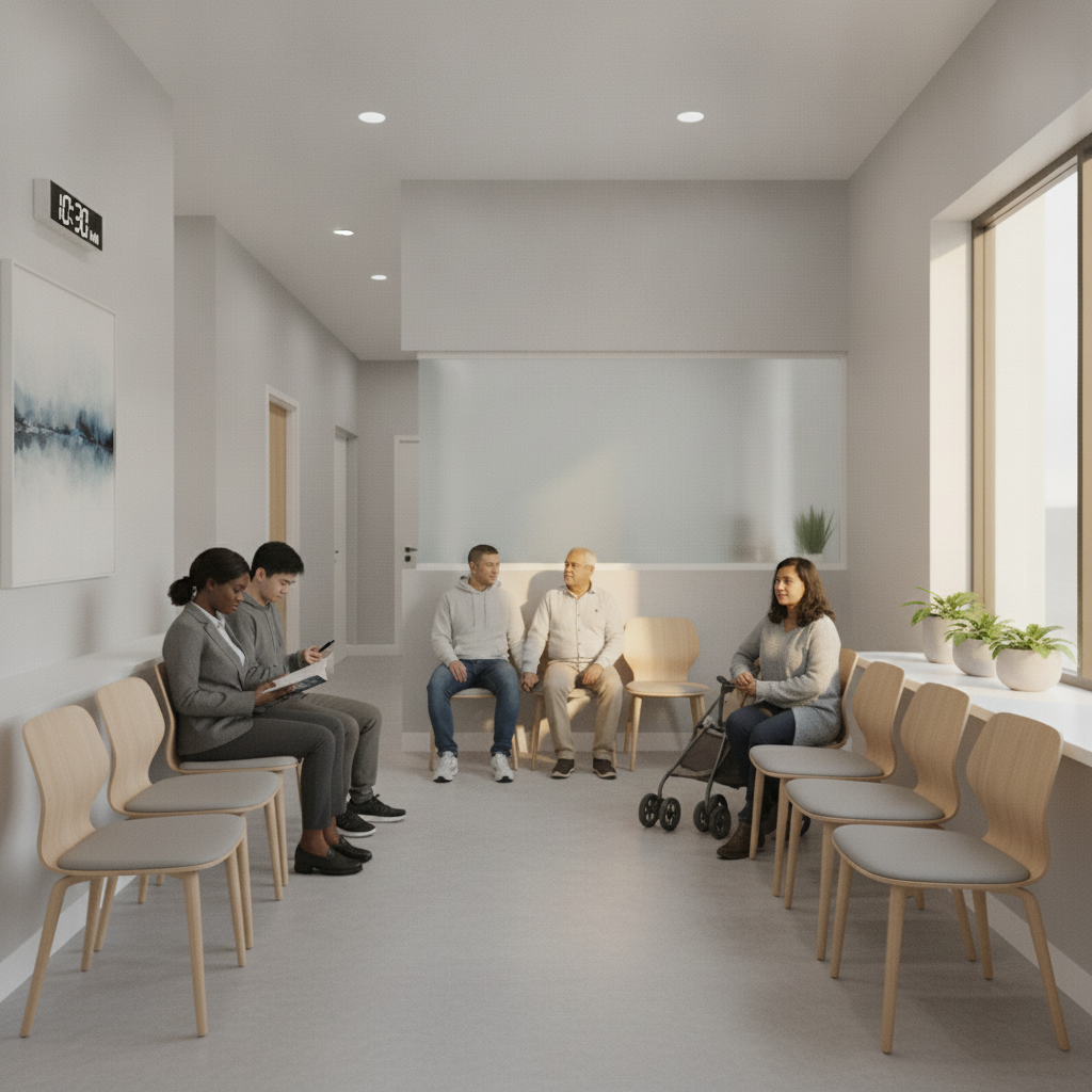 Public dental care waiting room environment Private Dentist vs Public Dental Care in Canada: People patiently waiting in a basic dental clinic setting