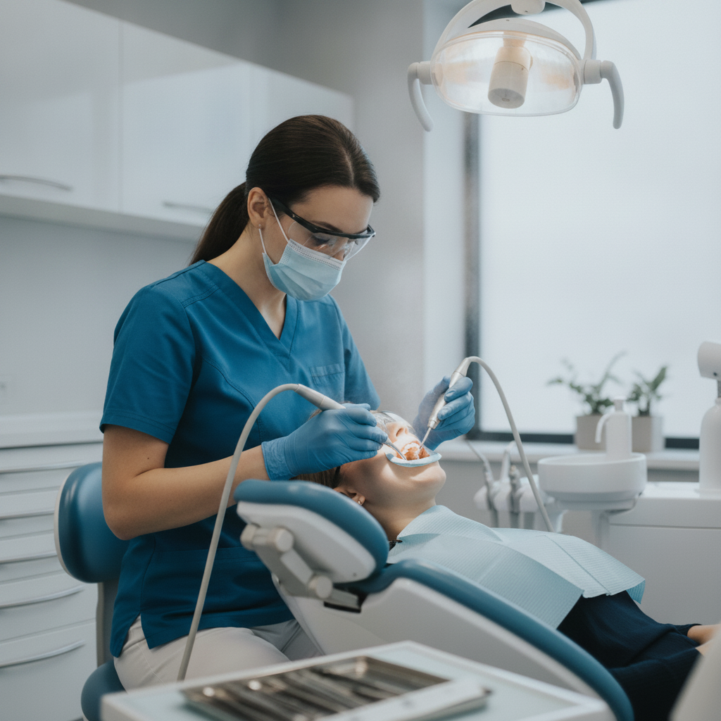 Dental hygienist performing prophylaxis during checkup Regular Dental Checkups involve professional cleaning by a hygienist, maintaining oral health and preventing issues