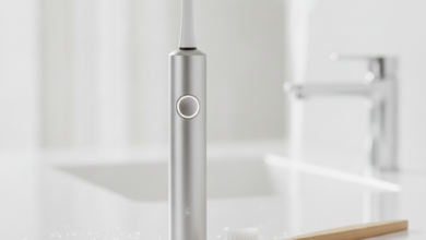 A side-by-side comparison of an electric toothbrush and a manual toothbrush on a clean bathroom counter, highlighting their design differences. The electric toothbrush is modern and sleek, while the manual toothbrush is traditional. The background is blurred, focusing on the two main subjects.
