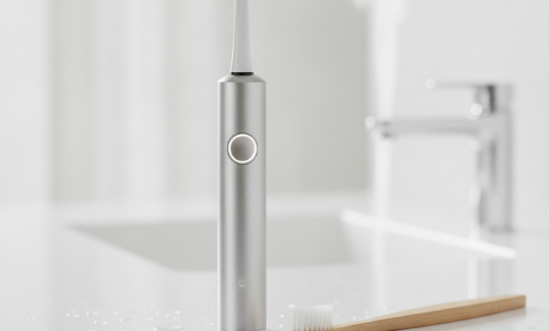 A side-by-side comparison of an electric toothbrush and a manual toothbrush on a clean bathroom counter, highlighting their design differences. The electric toothbrush is modern and sleek, while the manual toothbrush is traditional. The background is blurred, focusing on the two main subjects.