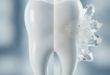 A highly detailed, photorealistic close-up of a human tooth showing a healthy enamel surface on one side and subtle signs of early demineralization or decay on the other, with stylized, glittering sugar crystals delicately positioned nearby, against a softly blurred, abstract background.
