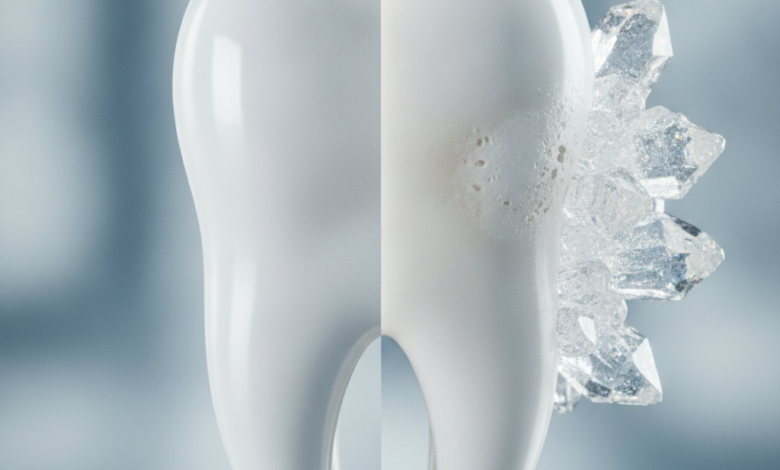 A highly detailed, photorealistic close-up of a human tooth showing a healthy enamel surface on one side and subtle signs of early demineralization or decay on the other, with stylized, glittering sugar crystals delicately positioned nearby, against a softly blurred, abstract background.