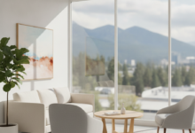 A pristine, contemporary dental clinic waiting area with sleek furniture and natural lighting, a blurred Canadian urban or natural landscape visible through a large window, symbolizing professional dental care in Canada.