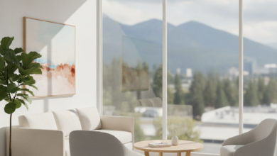 A pristine, contemporary dental clinic waiting area with sleek furniture and natural lighting, a blurred Canadian urban or natural landscape visible through a large window, symbolizing professional dental care in Canada.