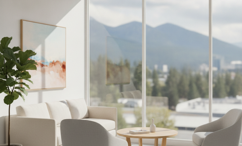 A pristine, contemporary dental clinic waiting area with sleek furniture and natural lighting, a blurred Canadian urban or natural landscape visible through a large window, symbolizing professional dental care in Canada.