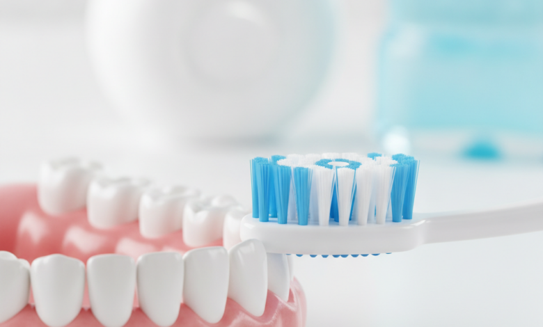 A close-up, photorealistic image of healthy, pink gums and clean white teeth. A soft-bristled toothbrush is gently placed near the gum line. In the blurred background, dental floss and a mouthwash bottle are visible, symbolizing comprehensive oral hygiene.