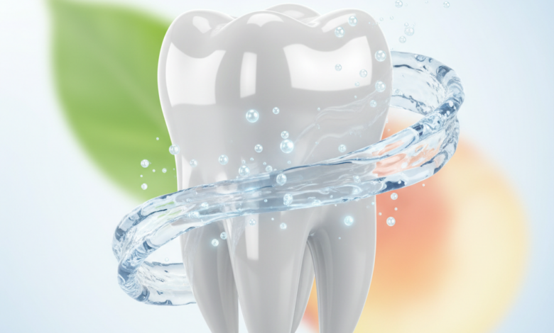 A pristine, healthy tooth glistening under bright, clean light. Around it, shimmering water gently flows, and subtle, glowing mineral particles are depicted, symbolizing natural strengthening and cleansing. The background is softly blurred with hints of green leaves or natural fruit, representing a holistic approach to oral health. There is no visible text.