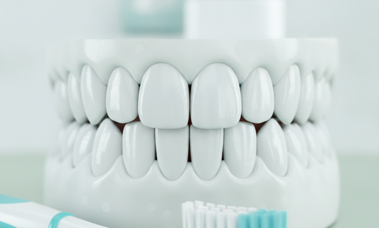 Close-up of perfectly clean, white, healthy teeth in a bright, hygienic setting. A blurred soft-bristled toothbrush and dental floss are visible in the background.