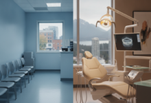 A conceptual, split photorealistic image showing two distinct dental care environments in Canada. The left side depicts a more institutional, functional clinic setting representing public dental care, while the right side shows a modern, comfortable, and technologically advanced dental treatment room representing private dental care. A blurred Canadian city outline or landscape is subtly visible in the background, grounding the image in its geographical context. The image conveys the choice and differences between these two systems.