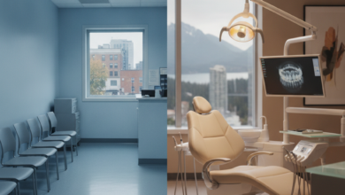 A conceptual, split photorealistic image showing two distinct dental care environments in Canada. The left side depicts a more institutional, functional clinic setting representing public dental care, while the right side shows a modern, comfortable, and technologically advanced dental treatment room representing private dental care. A blurred Canadian city outline or landscape is subtly visible in the background, grounding the image in its geographical context. The image conveys the choice and differences between these two systems.